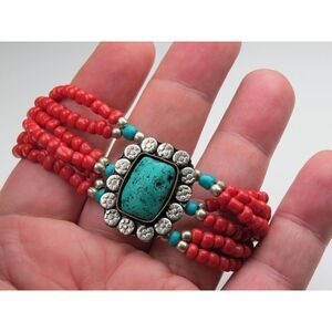Red Beads & Turquoise  Multi Strand Bracelet
